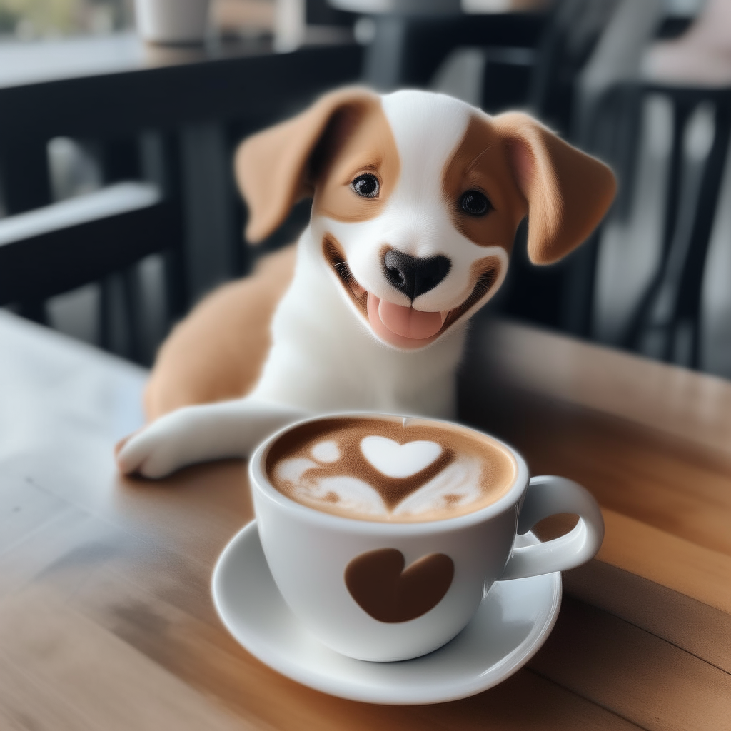 a happy puppy drinking a latte with heart-shaped foam art in a coffee cup on a table