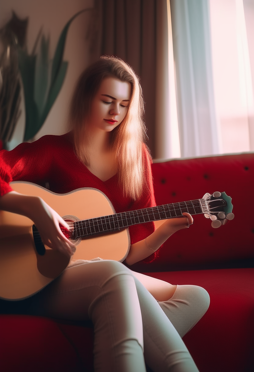 A beautiful white girl with clear features is sitting on a sofa playing a red musical instrument, the guitar, in a private, medium-lit lounge with an attractive, clear, and large view. 