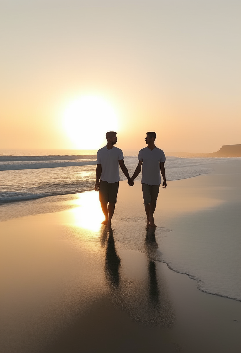 A white-skinned man with a thin body and clear features with his lover, a white-skinned, thin-bodied man with beautiful, clear features. They are walking together on a beach, and on the side there are moving waves at the time and beginning of sunrise. The weather condition is moderate and the sky is clear and the picture is clear and large. 