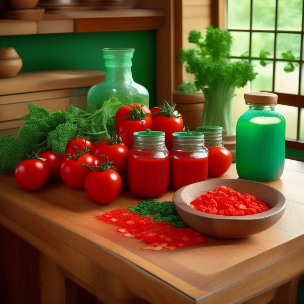 Tomato & Cilantro Salsa: In a sunlit Mediterranean kitchen, a rustic oak dining table takes center stage. On this wooden canvas, an array of mason jars stand like soldiers, their bounty a testament to the harvest season. Within these glass vessels, a vibrant mosaic of colors unfolds. Ripe tomatoes, their deep red hue punctuated by specks of emerald cilantro, fill the jars to the brim. Each jar tells a story of summer's abundance, carefully preserved for the colder months. The lids, adorned with a touch of gold, hint at the culinary treasures within. Handwritten labels proudly proclaim 'Tomato & Cilantro Salsa,' a recipe passed down through generations. As the sunlight bathes the scene, it casts a warm, inviting glow on this masterpiece of taste and tradition, ready to add a burst of flavor to any meal.