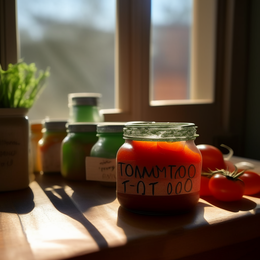 Close up photo of a rustic oak table with mason jars filled with tomato and cilantro salsa, labeled 'Tomato & Cilantro Salsa' in handwritten text, with sunlight streaming in from a window in the background.