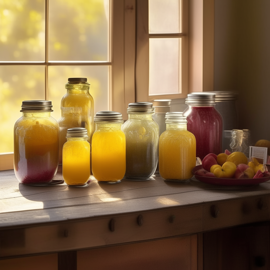 Envision a rustic farmhouse kitchen, bathed in soft, golden afternoon light. At its heart, an aged wooden table, weathered by years of use, stands proudly. On this table, a symphony of colors and flavors unfolds. Five gleaming mason jars take center stage, crowned with golden lids that shimmer like hidden treasures. One jar contains ripe mangoes and vibrant jalapeño peppers together. The contents are illuminated by the warm, honeyed glow of the setting sun, casting long, dramatic shadows that weave across the jars. Each jar is a masterpiece, a work of culinary artistry, showcasing the vibrant mosaic of ingredients within. The handwritten labels declare the salsa's name, 'Mango & Jalapeño Salsa,' a testament to the fusion of sweet and heat. This tableau evokes a sense of timelessness, where tradition meets innovation, captured in the essence of homemade goodness, ready to elevate any meal to a spicy celebration.