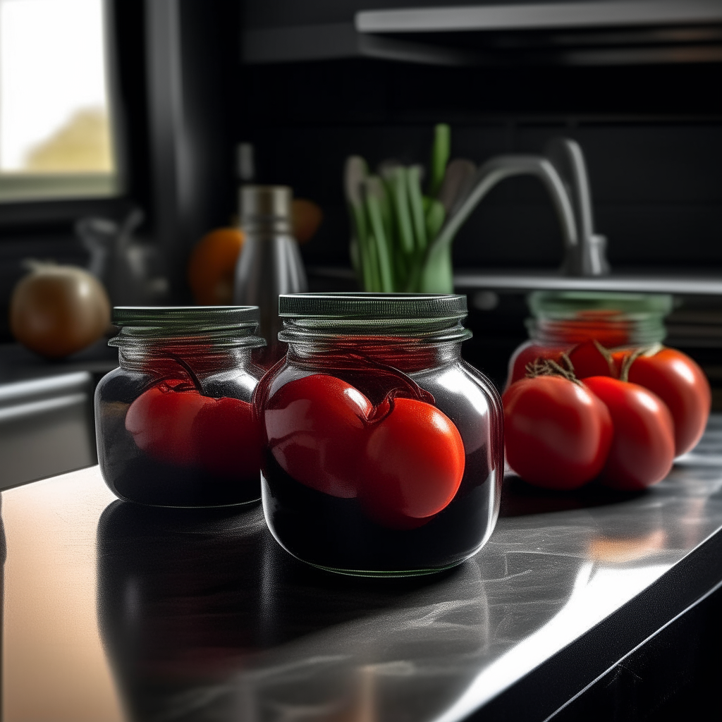 Charred Onion & Tomato Salsa jars resting confidently on a sleek, modern kitchen island made of black granite. Their deep red contents hint at a smoky, fiery dance, intensified by the gleaming silver faucets of the nearby sink. On one end of the island, a bowl of freshly picked tomatoes and onions waits, casting elongated shadows in the ambient glow of under-cabinet lighting. The image has bright, clear studio lighting with razor-sharp focus on the jars and ingredients.