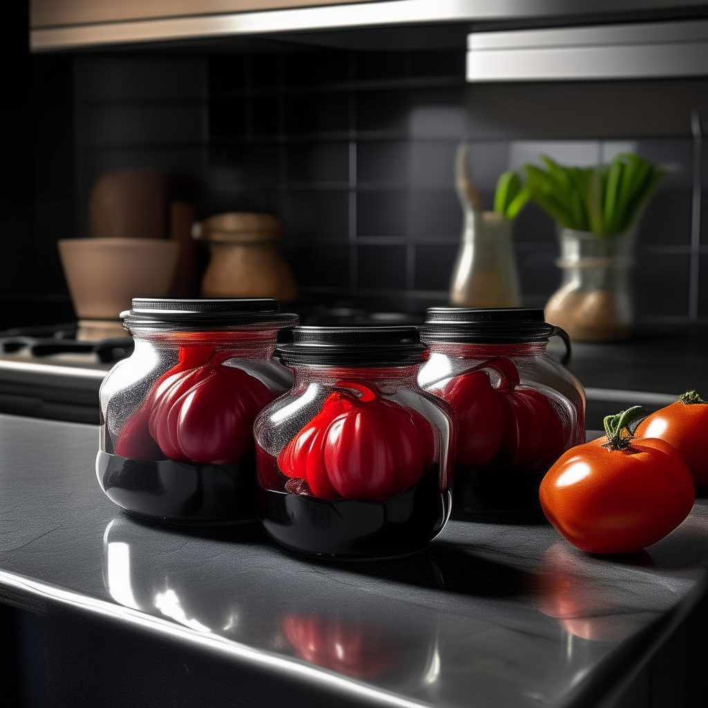 Charred Onion & Tomato Salsa jars resting confidently on a sleek, modern kitchen island made of black granite. Their deep red contents hint at a smoky, fiery dance, intensified by the gleaming silver faucets of the nearby sink. On one end of the island, a bowl of freshly picked tomatoes and onions waits, casting elongated shadows in the ambient glow of under-cabinet lighting. The image has bright, clear studio lighting with razor-sharp focus on the jars and ingredients.