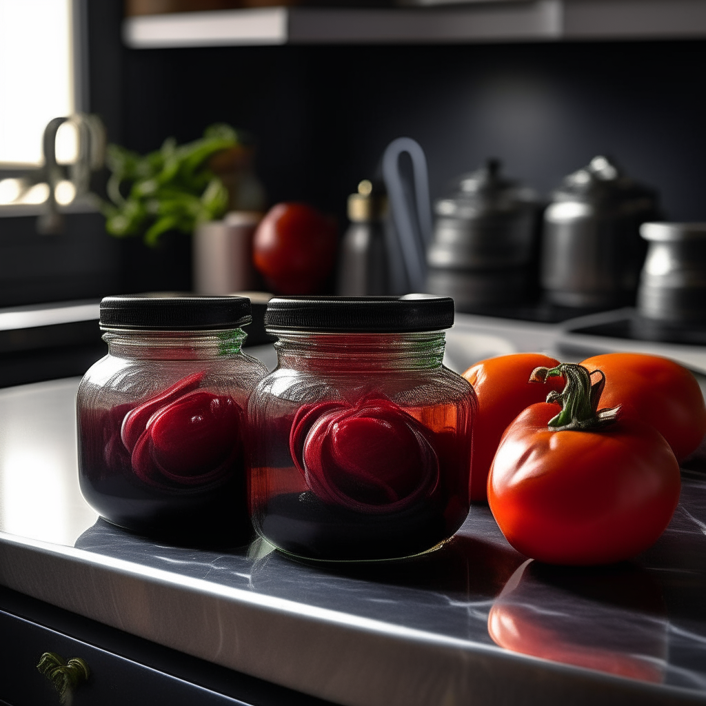 Charred Onion & Tomato Salsa jars resting confidently on a sleek, modern kitchen island made of black granite. Their deep red contents hint at a smoky, fiery dance, intensified by the gleaming silver faucets of the nearby sink. On one end of the island, a bowl of freshly picked tomatoes and onions waits, casting elongated shadows in the ambient glow of under-cabinet lighting. The image has bright, clear studio lighting with razor-sharp focus on the jars and ingredients.