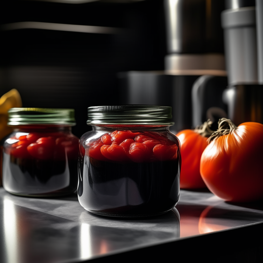 Charred Onion & Tomato Salsa jars resting confidently on a sleek, modern kitchen island made of black granite. The jars contain a pureed salsa made from charred onions and tomatoes, with a deep red, smoky and fiery color. On one end of the island, a bowl of freshly picked tomatoes and onions waits, casting elongated shadows in the ambient glow of under-cabinet lighting. The image has bright, clear studio lighting with razor-sharp focus on the jars and ingredients.