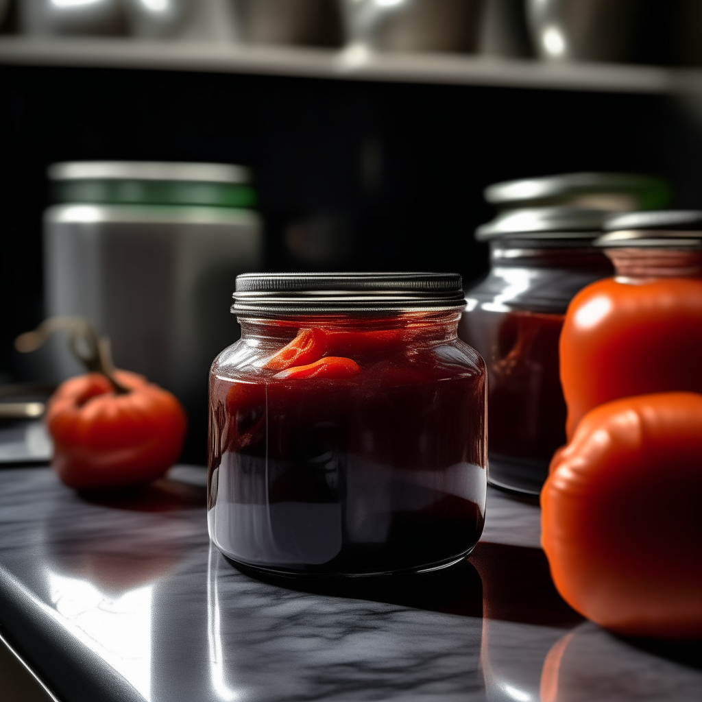 Charred Onion & Tomato Salsa jars resting confidently on a sleek, modern kitchen island made of black granite. The jars contain a pureed salsa made from charred onions and tomatoes, with a deep red, smoky and fiery color. On one end of the island, a bowl of freshly picked tomatoes and onions waits, casting elongated shadows in the ambient glow of under-cabinet lighting. The image has bright, clear studio lighting with razor-sharp focus on the jars and ingredients.