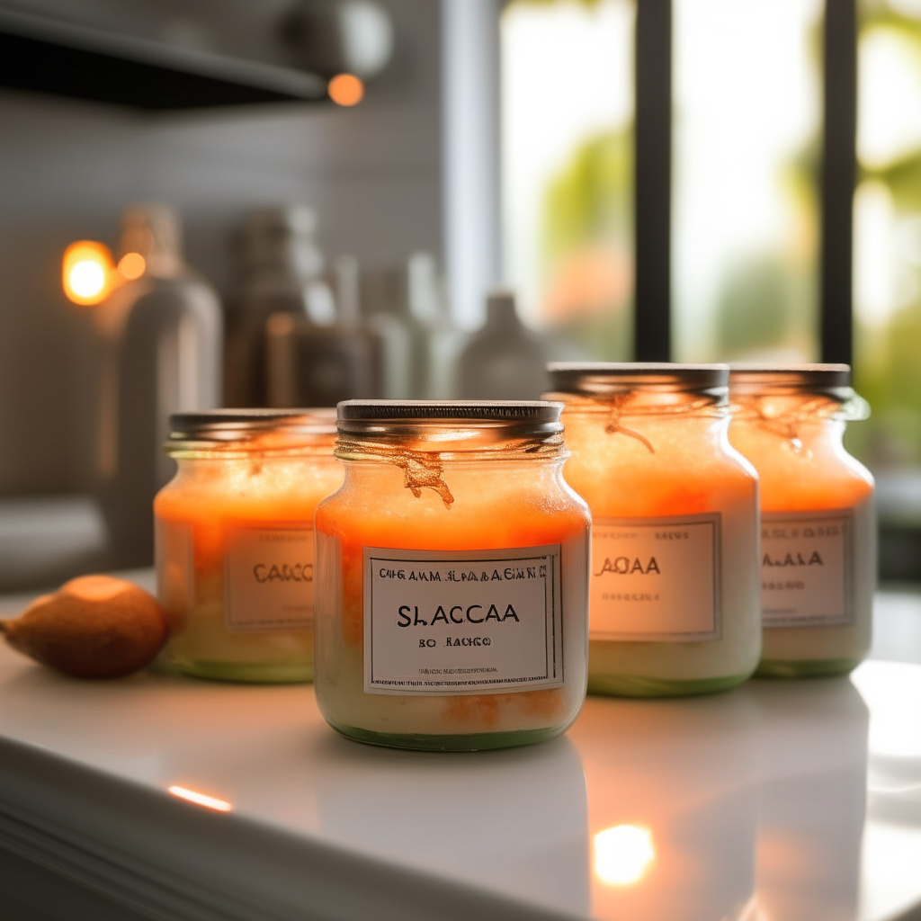 In a modern, airy kitchen with white cabinets and marble countertops, five small mason jars of Coconut & Papaya Salsa glow under warm pendant lights. The translucent orange salsa flecked with coconut and papaya chunks appears jewel-like within the jars. Simple black script labels read 'Coconut & Papaya Salsa' on the front of each jar. The jars are arranged artfully on the marble counter, with a cutting board holding fresh papaya slices visible in the background.