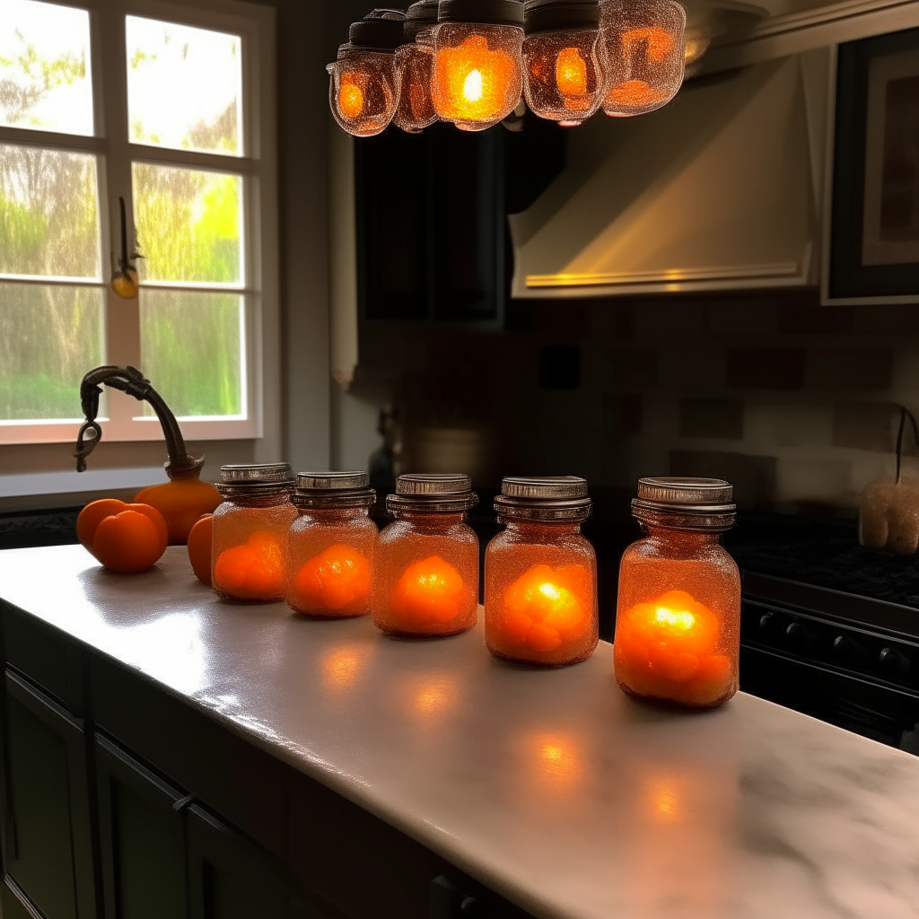 Five small mason jars filled with translucent orange Coconut & Papaya Salsa glowing under pendant lights in an airy Southeast Asian style kitchen with dark wood cabinets and granite countertops. The salsa is flecked with coconut and papaya chunks and appears jewel-like within the jars, which are artfully arranged on the granite counter. A cutting board with fresh papaya slices is visible in the background.