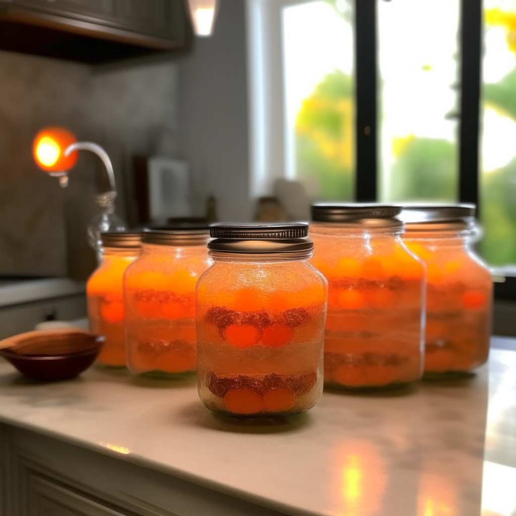 Five small mason jars filled with translucent orange Coconut & Papaya Salsa glowing under pendant lights in an airy Southeast Asian style kitchen with dark wood cabinets and granite countertops. The salsa is flecked with coconut and papaya chunks and appears jewel-like within the jars, which are artfully arranged on the granite counter. A cutting board with fresh papaya slices is visible in the background.