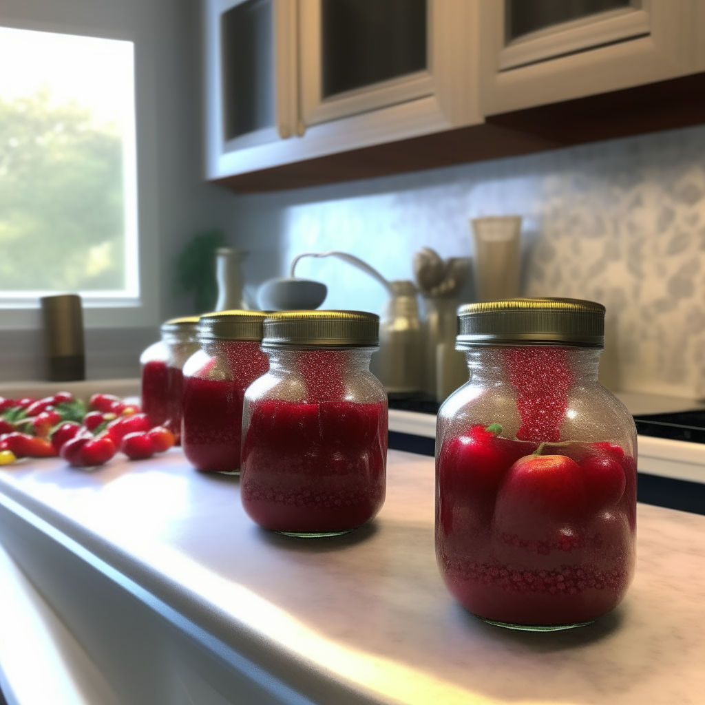 Apple & Pomegranate Salsa jars arranged artfully on the counter of a Japanese style kitchen with white cabinets, granite countertops, and bright pendant lighting overhead. The jars contain a vibrant red salsa made with apples and pomegranates.