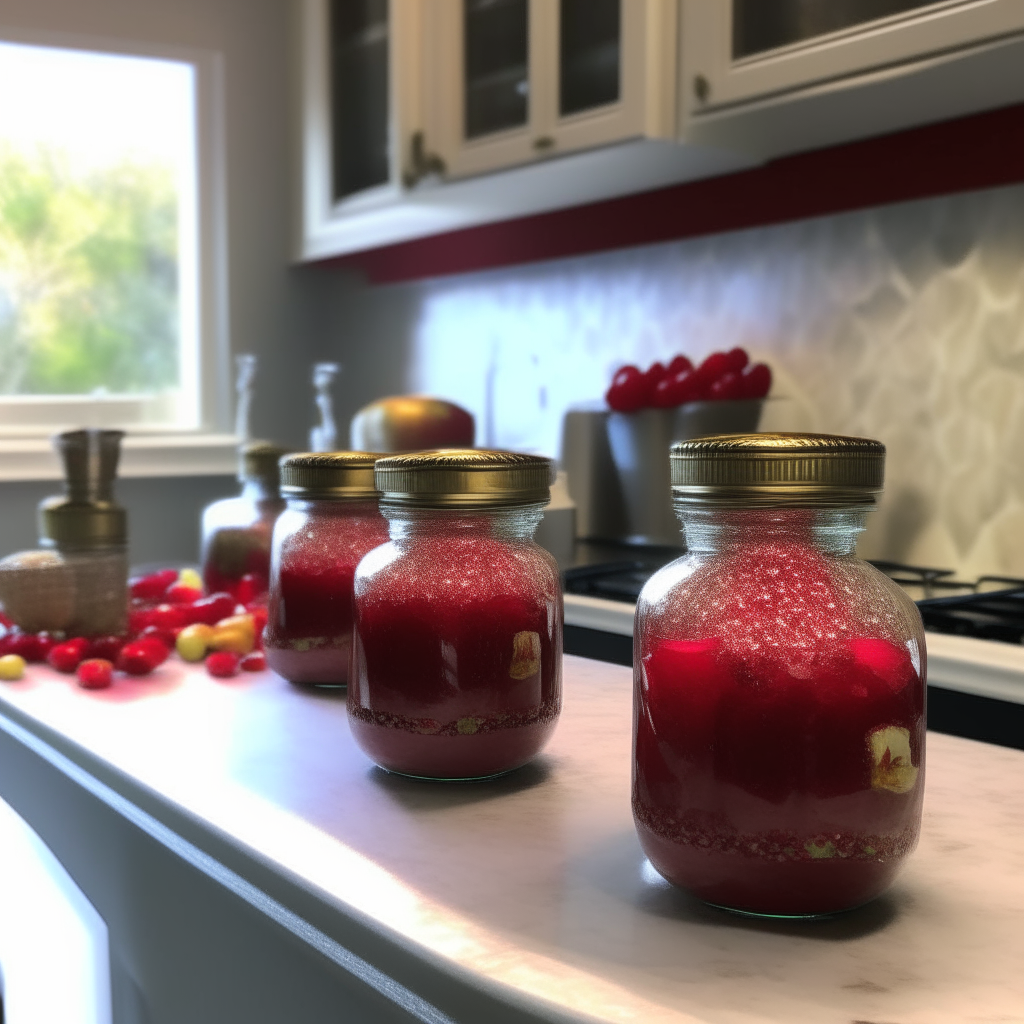 Apple & Pomegranate Salsa jars arranged artfully on the counter of a Japanese style kitchen with white cabinets, granite countertops, and bright pendant lighting overhead. The jars contain a vibrant red salsa made with finely ground apples and pomegranates in a smooth, dissolved texture.