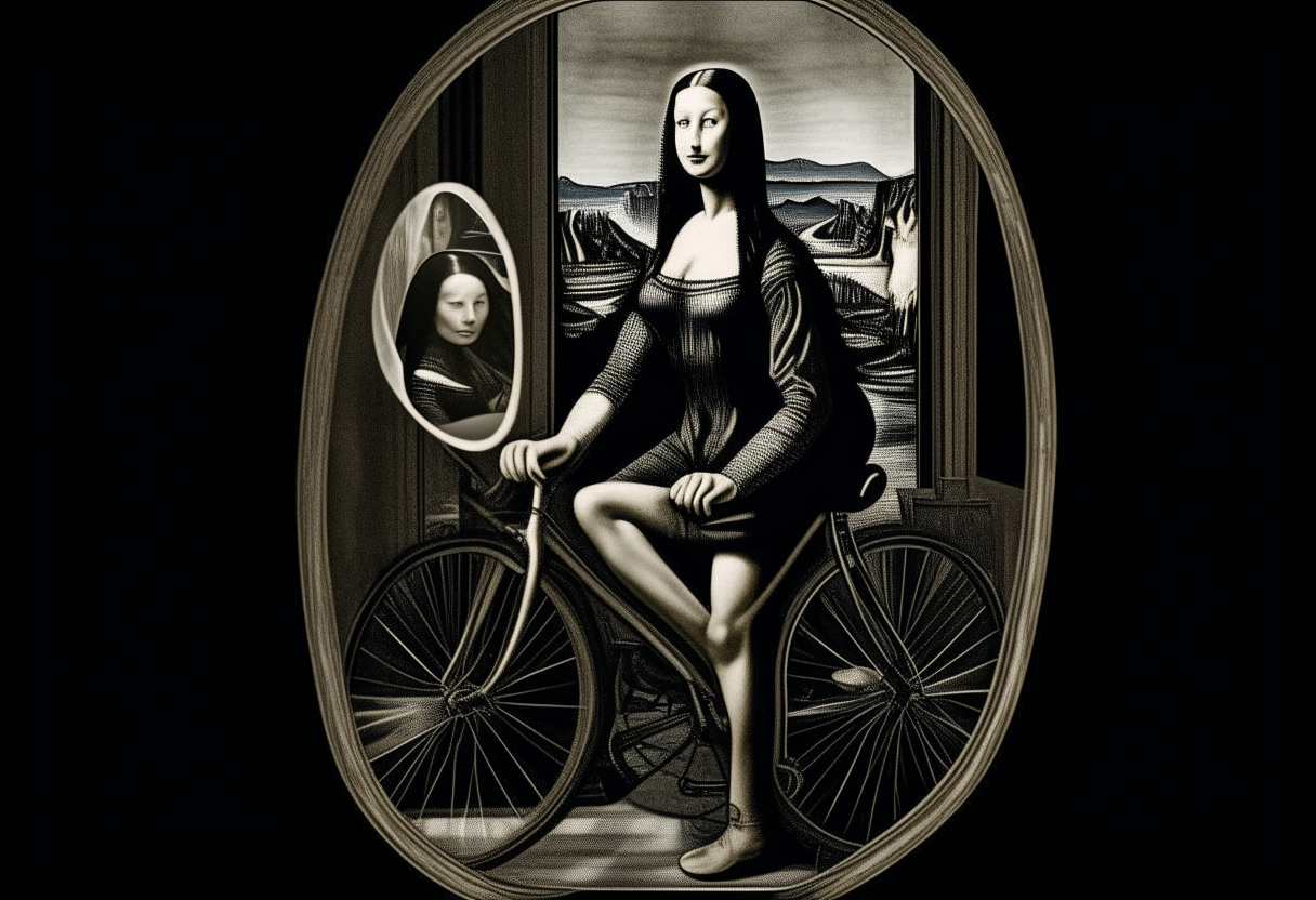 moebies strip and Mona Lisa Joconda  on bicyccle dressed in swimming -suit holding a mirror looking Belvedere by M.C.Escher in black room with film-noire Shadows