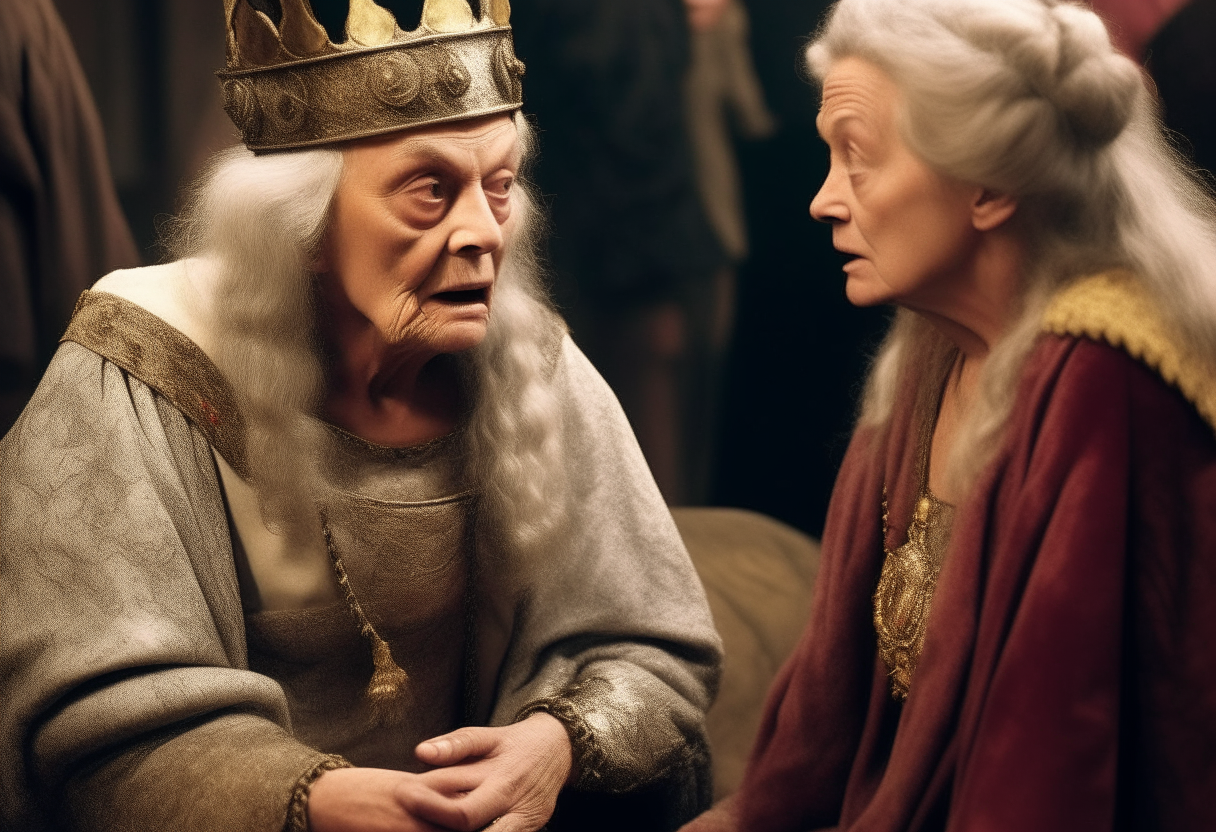 The king talking angrily with a old women