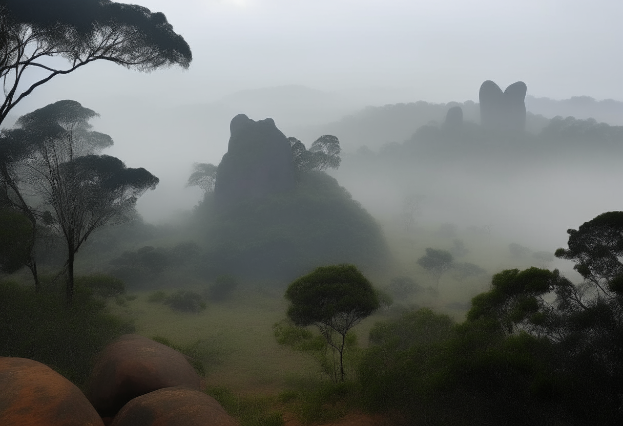 El Peñol rock formation on a misty afternoon, with fog and mist in the air drifting through the trees and vegetation. In the distance, the Guatape Reservoir is barely visible through the foggy conditions.