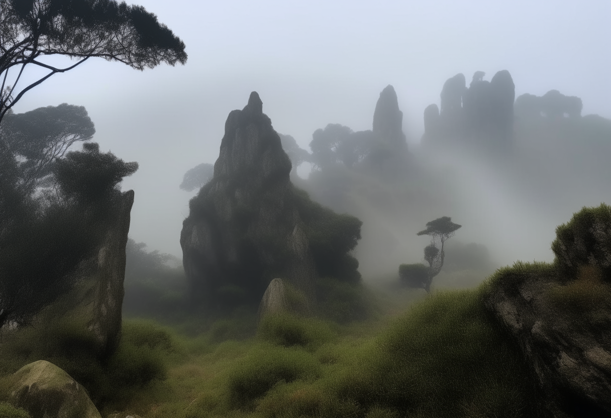 El Peñol rock formation on a misty afternoon, with fog drifting through the trees and vegetation. The large rock towers are now visible through the fog.