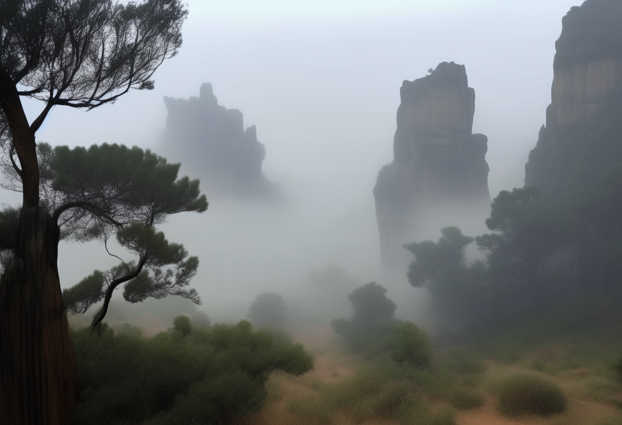 A scenic view of El Peñol rock formation on a misty afternoon. The large sandstone towers and cliffs of the rock are visible looming through the fog that drifts between the trees.