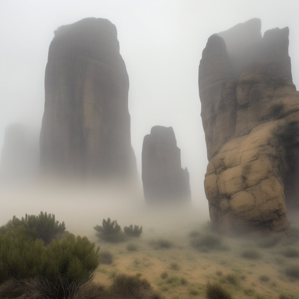 A frontal view of the massive sandstone cliffs and towers of El Peñol rock formation shrouded in fog on a misty afternoon.