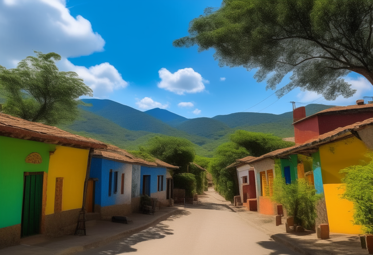 A sunny afternoon in a typical Colombian pueblo. Colorful buildings line the cobbled streets under the shade of large trees. In the distance, green mountains rise up against a blue sky.