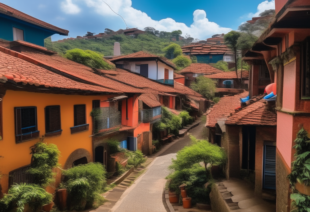 A scenic view of a colorful pueblito paisa in Medellín, Colombia on a sunny afternoon. Traditional brick and terracotta roofed buildings line the cobbled streets under large trees.