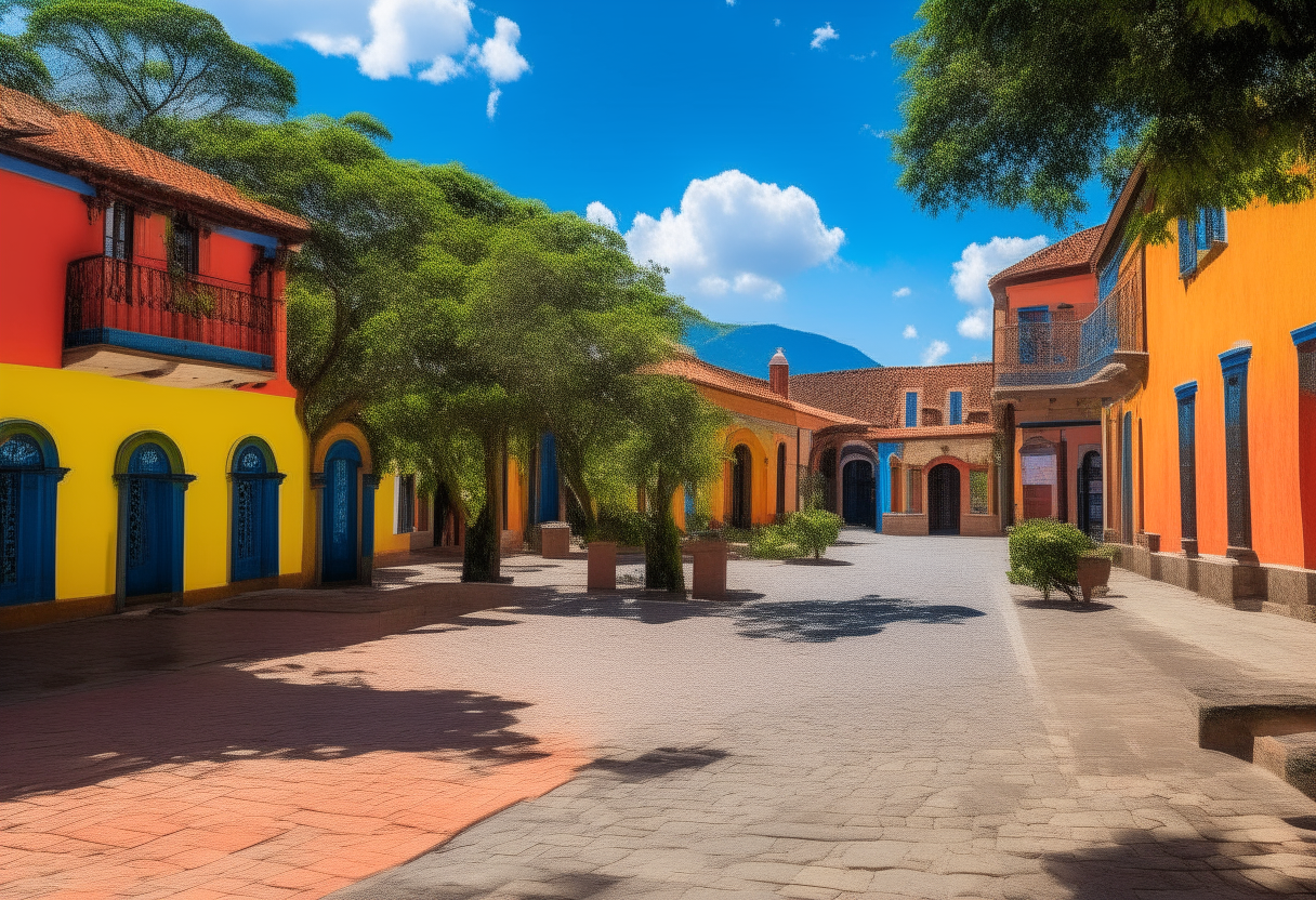 A scenic view of the colorful colonial buildings and plazas of Santa Fe de Antioquia, Colombia on a sunny afternoon. The historic architecture lines the cobbled streets under large trees.