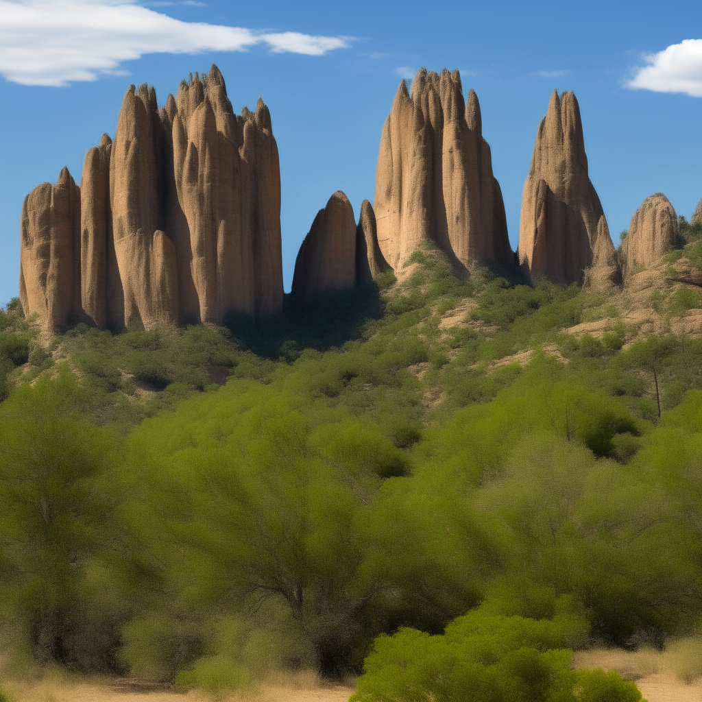 A scenic view of the towering sandstone cliffs and spires of El Peñol rock formation rising above the trees.