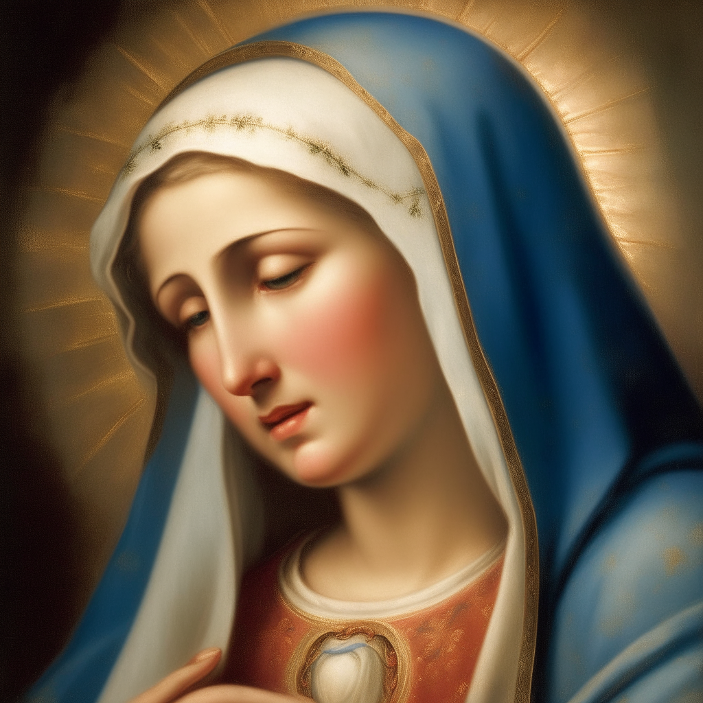 A serene portrait of the Virgin Mary, radiating maternal love and compassion.