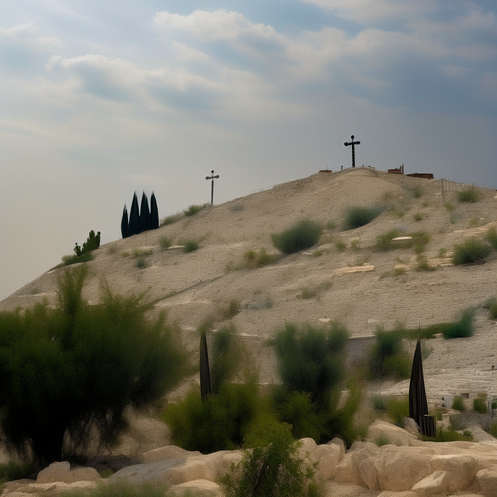 A scenic view of Golgotha hill, the site of Jesus Christ's crucifixion.