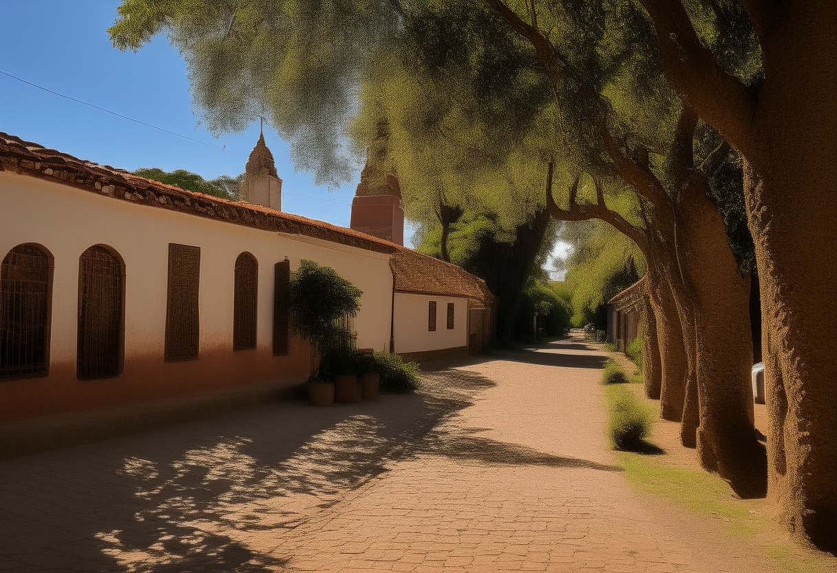 A sunny afternoon in an Antioqueño pueblo. Traditional brick buildings line the cobbled streets leading to the church under large shade trees.