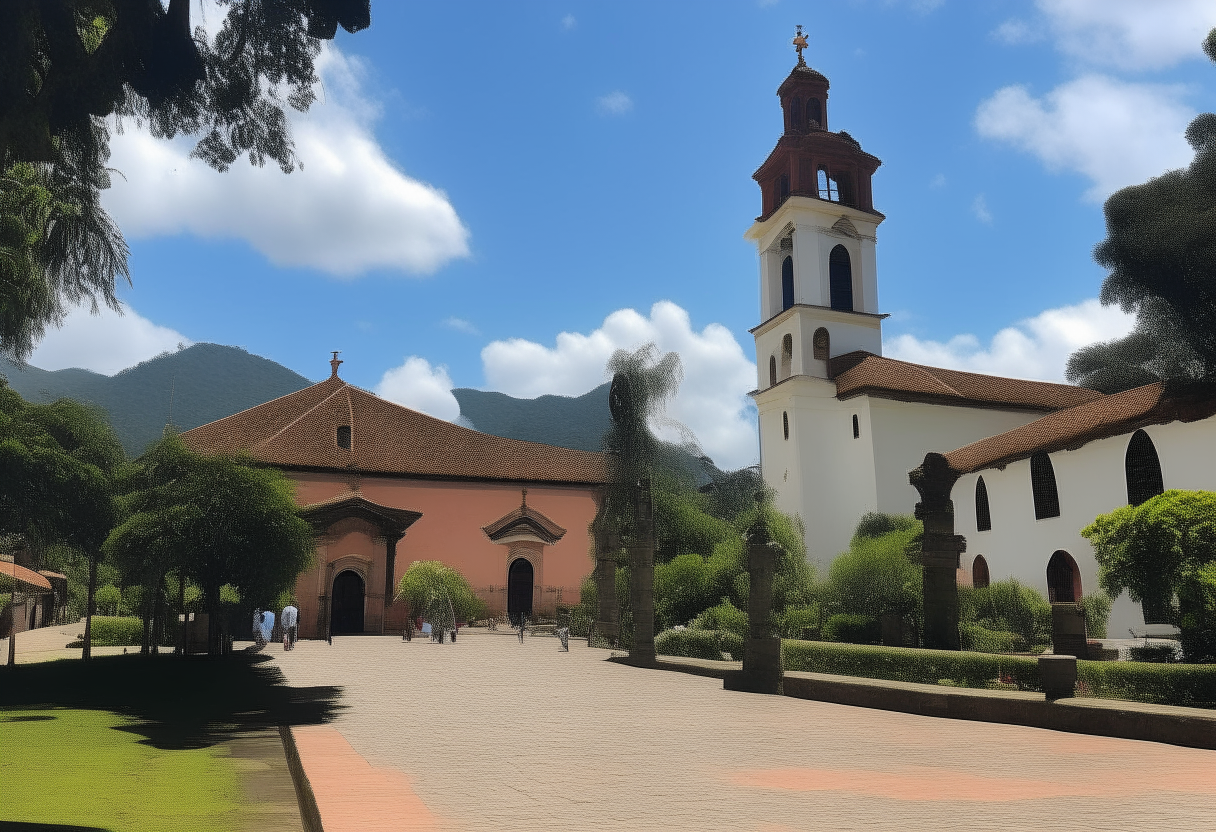 A sunny midday view of Parque de Santa Fe de Antioquia. Traditional buildings surround the central plaza leading to the historic church visible in full sun at 12pm precisely.