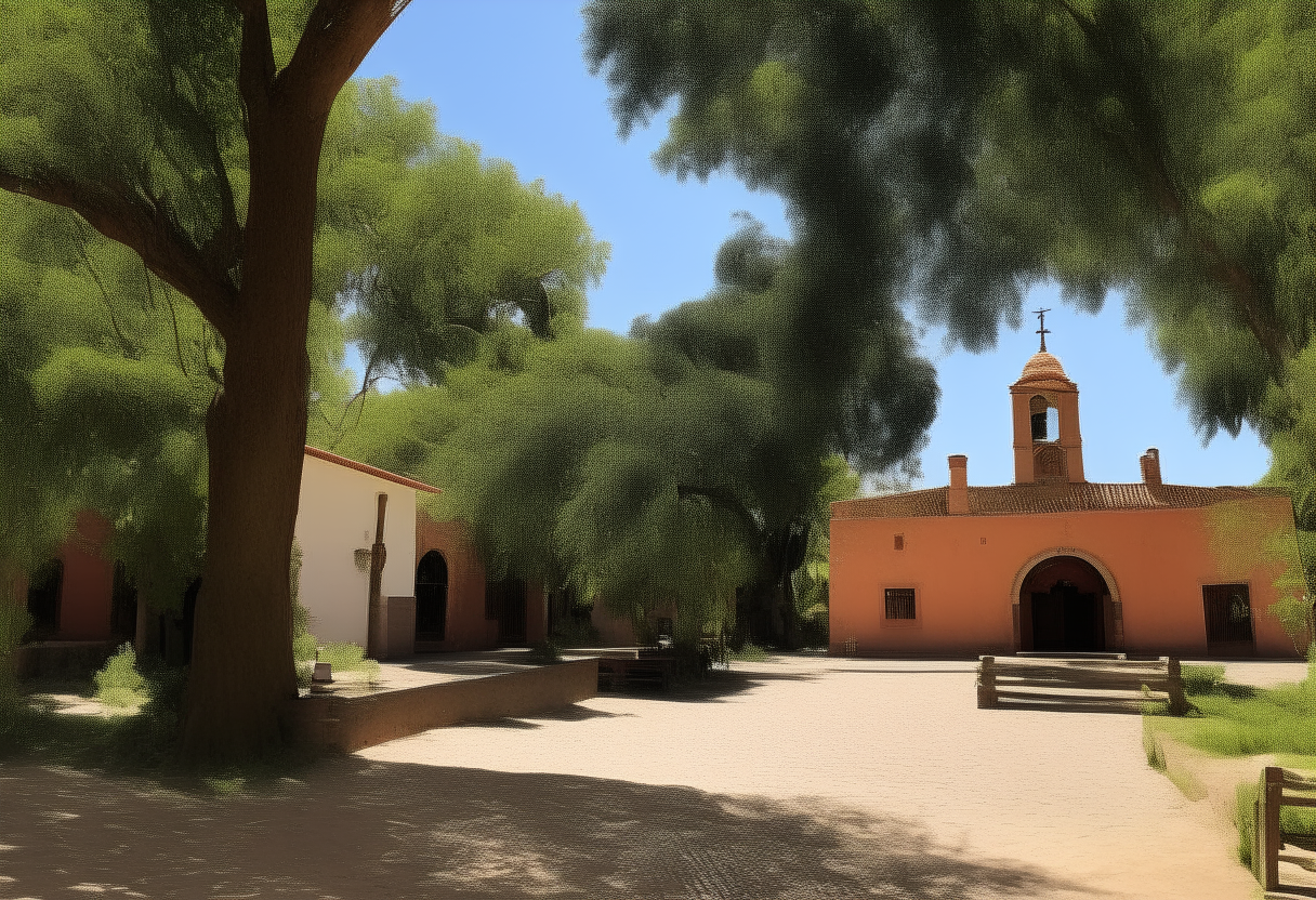 A sunny afternoon in a typical Antioqueño pueblo. Traditional brick buildings surround the central plaza leading to the historic church under large shade trees.