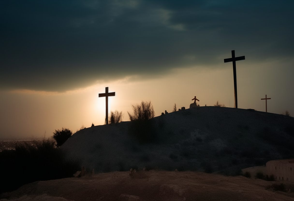 The hill of Golgotha at dusk, where Jesus Christ and the two thieves were crucified beside Him.