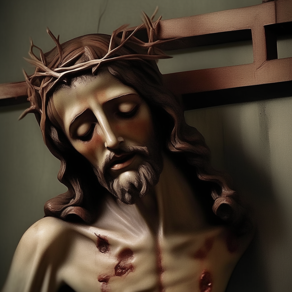 Jesus Christ crucified, his gaze compassionate yet sorrowful.