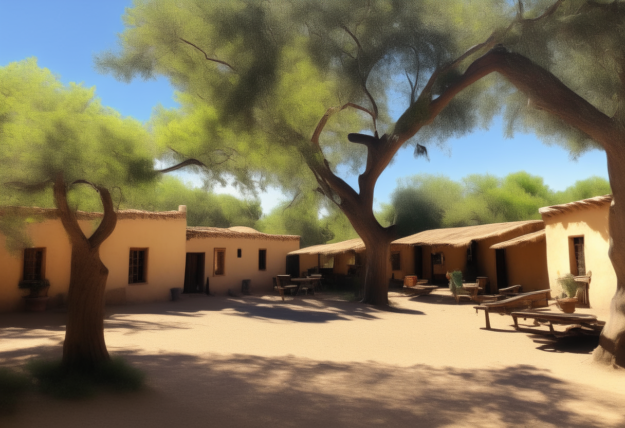 A sunny afternoon in a small pueblo. Traditional adobe buildings surround the central plaza under large shade trees.