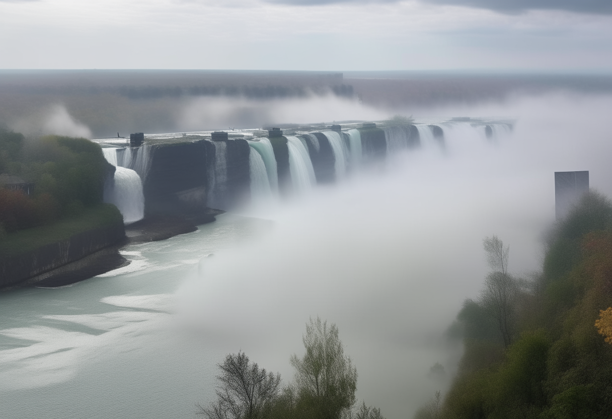 A scenic view of Niagara Falls along the Niagara River. Mist rises as massive torrents of water cascade over the cliffs.