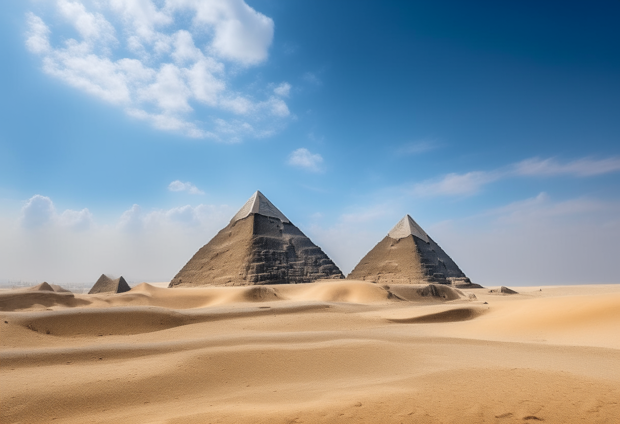 A scenic desert landscape showing the iconic pyramids of Giza against a blue sky.