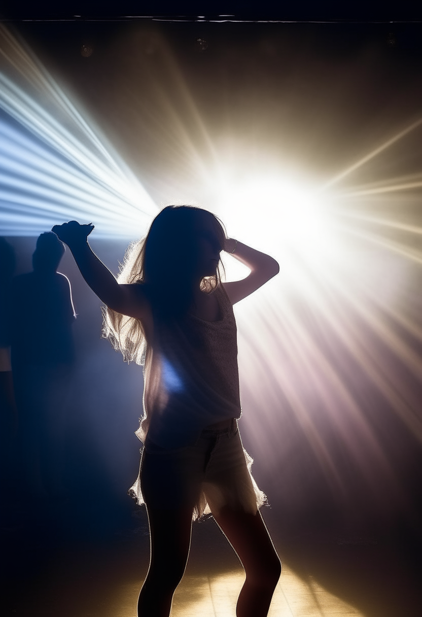 A girl dancing in a disco, lighting from above, a simple spotlight, people dancing on the background, and light smoke in the background. 