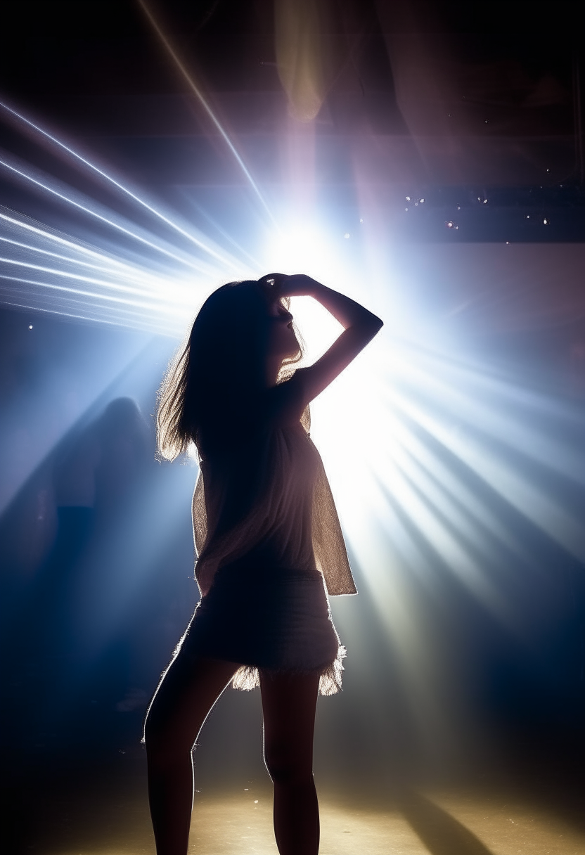 A girl dancing in a disco, lighting from above, a simple spotlight, people dancing on the background, and light smoke in the background. 
