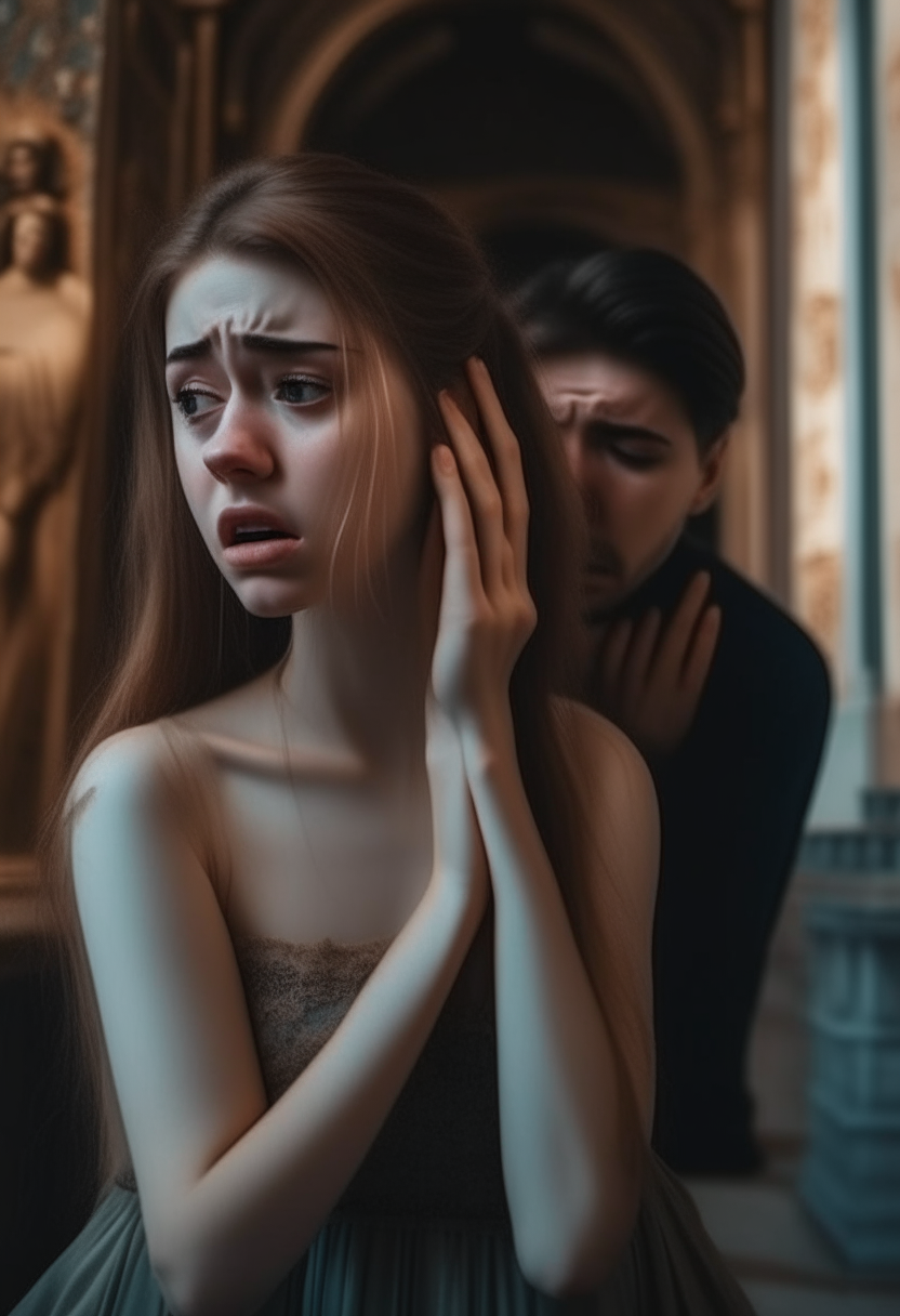 A beautiful girl looks at the screen while she is crying inside a palace with a clear and large image of sadness, and her lover is holding her hand 