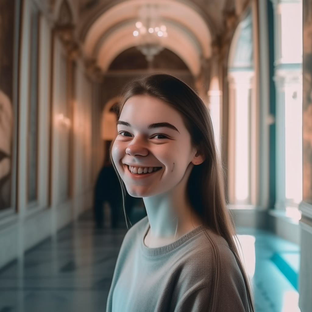 A beautiful girl smiles happily and looks at the screen, her face is clear and the picture is large inside a palace 