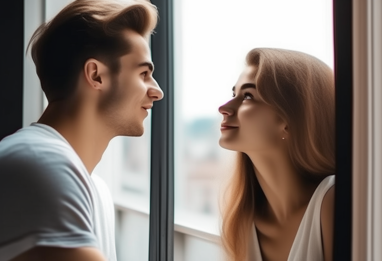 The handsome man and beautiful girl watching each other from the window 