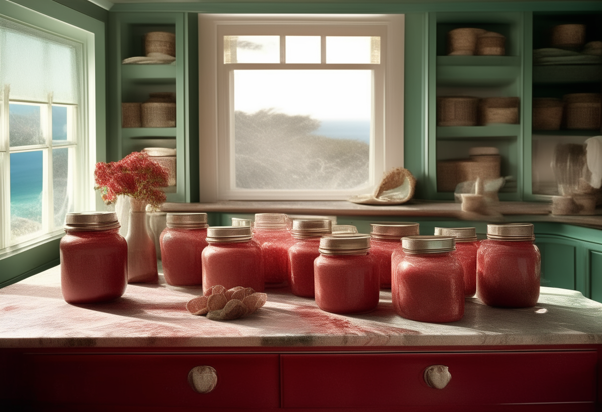 In a sunlit, coastal-themed kitchen with sea-green walls and driftwood shelves, jars of deep ruby Marinara sauce are being prepared. The sauce sparkles, reminiscent of Mediterranean sunsets over the horizon. Positioned on a speckled granite island in the center, away from the delicate lace-curtained window, the jars sit with polished bronze lids, waiting to be sealed. A shimmering pot whispers with escaping steam, indicating the recent water bath canning process. Around the scene, clusters of fresh oregano and garlic bulbs mingle, hinting at the delectable flavors infused within. This evocative setup paints a picture of an age-old recipe passed down through generations, now coming alive in this serene, seaside kitchen.