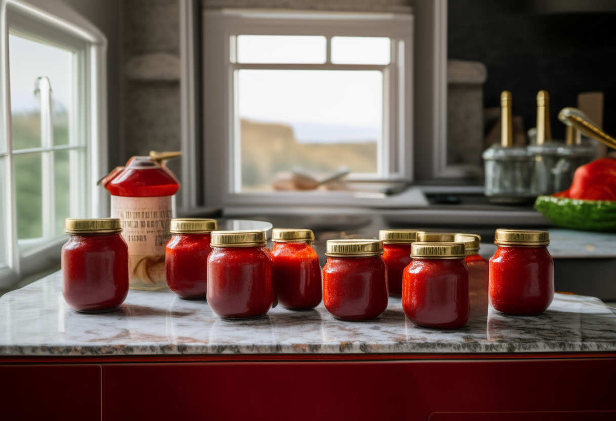 A close up view of two jars of ruby red marinara sauce on the granite island in a coastal themed kitchen