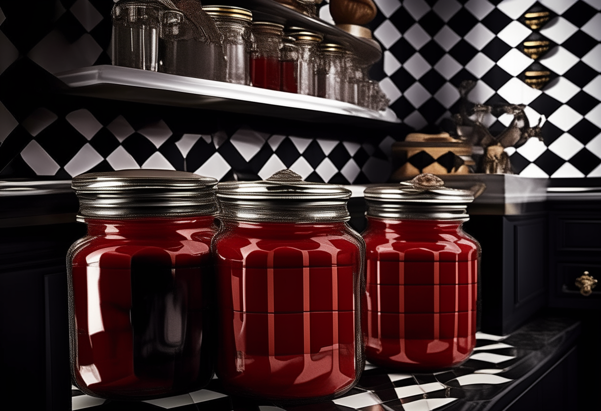 In an art deco-style kitchen, with intricate black and white checkered floors and vibrant red cabinets, glass jars filled with deep mahogany BBQ sauce reflect a touch of elegance. Resting on a marble counter, away from the glow of pendant lights, the sauce shines like vintage amber treasure. Each jar, tightly sealed with metallic lids, stands majestically, hinting at the smoky, sweet flavors encased within. Nestled nearby is a silver spoon, dripping with the same rich sauce, and it captures the room's elegance perfectly. The entire setting feels nostalgic, reminiscent of classic family gatherings and age-old recipes, bringing the charm of the past into the present.