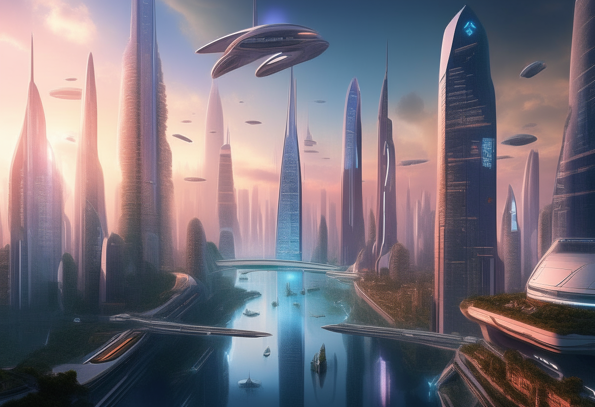 a futuristic cityscape skyline of Singapore in the year 2073, with towering skyscrapers, flying vehicles, and massive holographic billboards