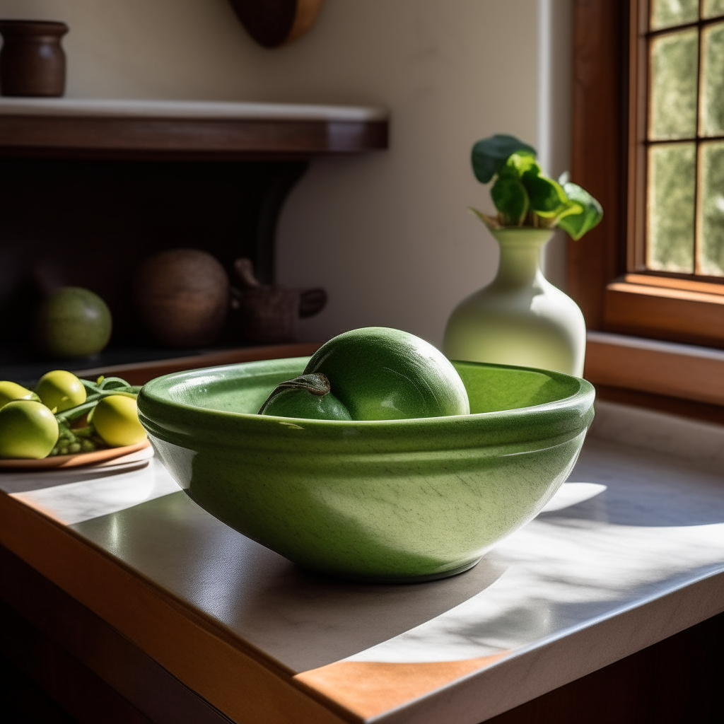 A quaint earthenware bowl, nestled atop a polished marble kitchen island. The bowl cradles a vivid green Avocado & Cilantro Sauce, its vibrant hue contrasting beautifully against the dark, veined marble. Dappled sunlight filters through a skylight above, casting delicate shadows and lending an ethereal sheen to the sauce. Nearby, a rustic ceramic jug holds a handful of fresh cilantro, with a few leaves artfully scattered around the bowl, painting a picture of freshness and homeliness. The backdrop reveals muted green kitchen cabinets, with hints of copper cookware hanging casually – a testament to the chef's passion. The photo has bright, clear studio lighting and razor-sharp focus on the vibrant green sauce.