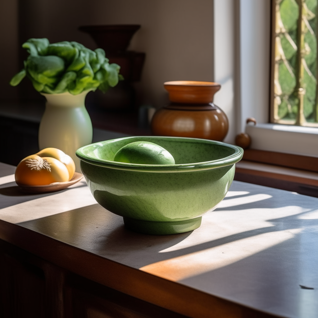 A quaint earthenware bowl, nestled atop a polished marble kitchen island. The bowl cradles a vivid green Avocado & Cilantro Sauce, its vibrant hue contrasting beautifully against the dark, veined marble. Dappled sunlight filters through a skylight above, casting delicate shadows and lending an ethereal sheen to the sauce. Nearby, a rustic ceramic jug holds a handful of fresh cilantro, with a few leaves artfully scattered around the bowl, painting a picture of freshness and homeliness. The backdrop reveals muted green kitchen cabinets, with hints of copper cookware hanging casually – a testament to the chef's passion.