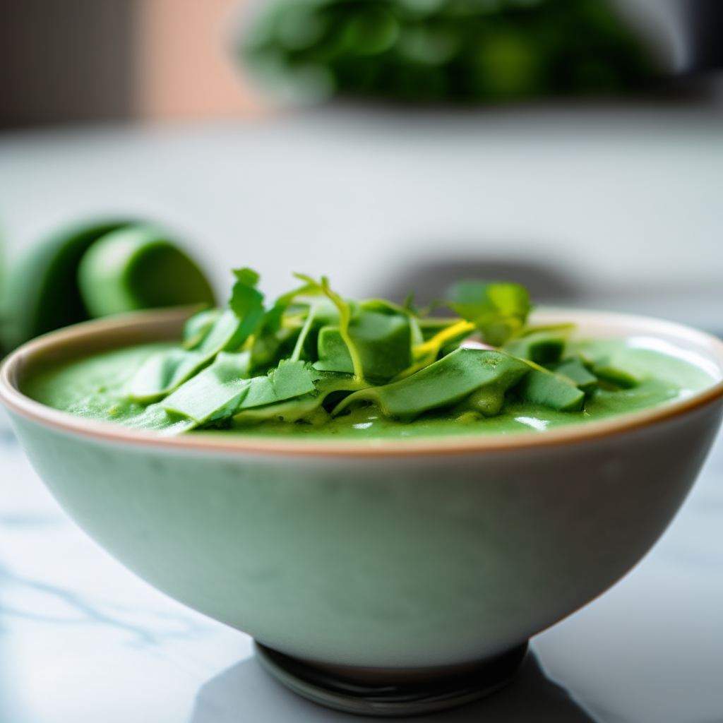 A close up photograph of a bowl filled with a vivid green avocado cilantro sauce, with a few cilantro leaves artistically placed around it. The bowl sits on a white marble countertop in a sunlit kitchen. The lighting is bright and diffuse, creating soft shadows. The image is in razor sharp focus.