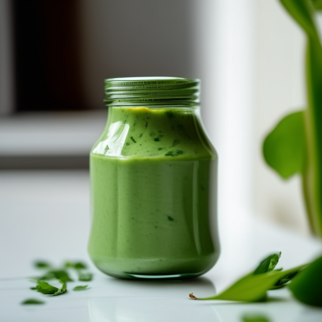 A close up photograph of a mason jar filled with a vivid green avocado cilantro sauce, with a few cilantro leaves artistically placed around it. The jar sits on a white marble countertop in a sunlit kitchen. The lighting is bright and diffuse, creating soft shadows. The image is in razor sharp focus.