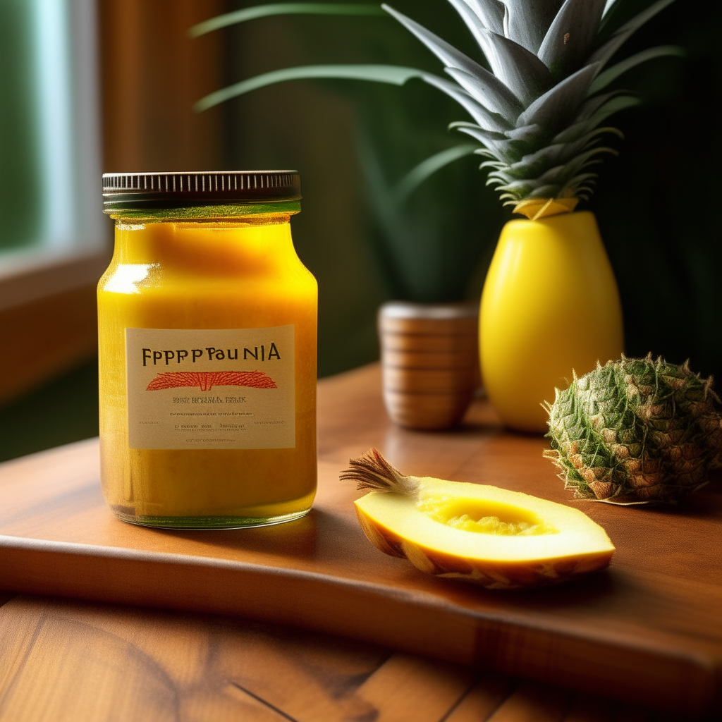 A glass mason jar filled with glistening teriyaki and pineapple sauce sits on a rustic wooden table next to a cutting board holding fresh pineapple wedges. The vibrant orange sauce glimmers under a skylight like a precious jewel. The jar's label reads 'Teriyaki & Pineapple' in an elegant script font. The scene evokes a homey kitchen where this flavorful sauce was just freshly prepared using a treasured family recipe.